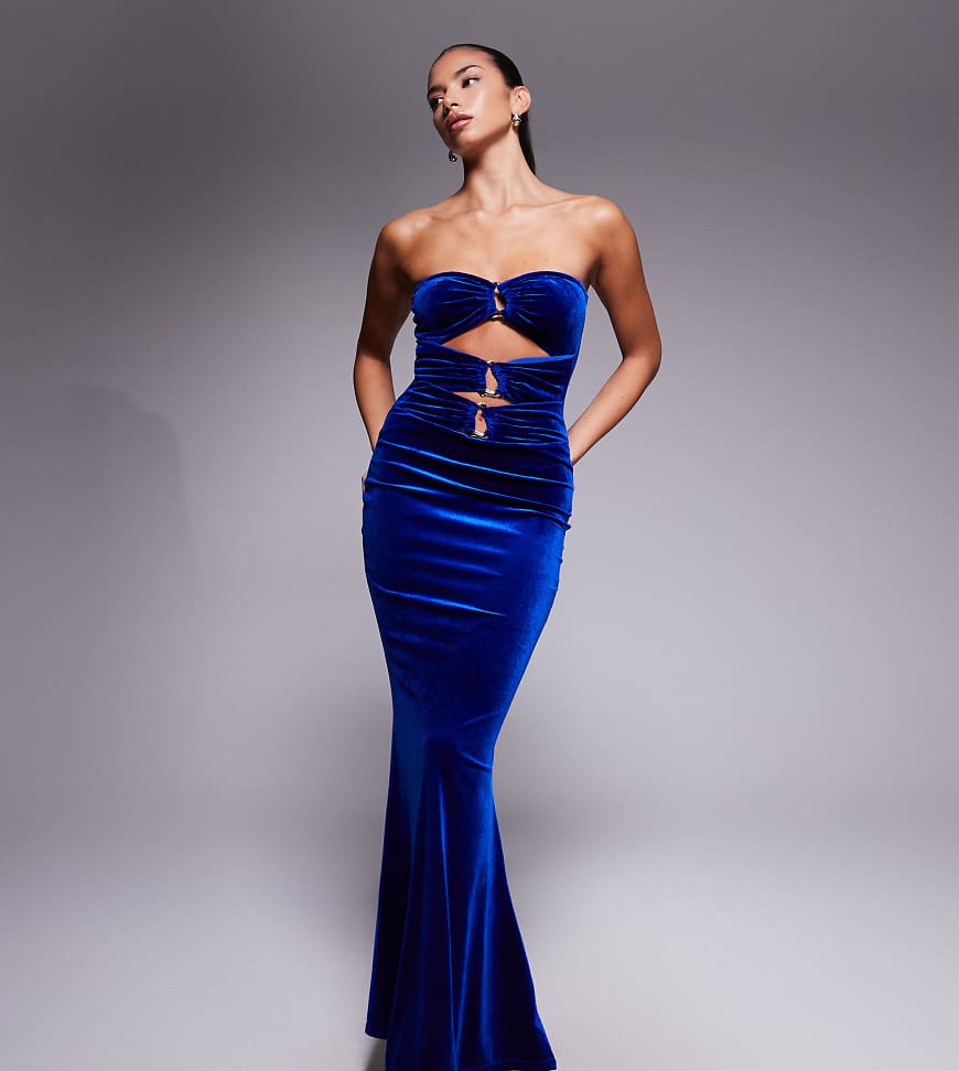 Murci - Exklusives, trägerloses Samt-Maxikleid in Marineblau mit Cut-outs, goldfarbener Metallverzierung und Schwalbenschwanz von Murci