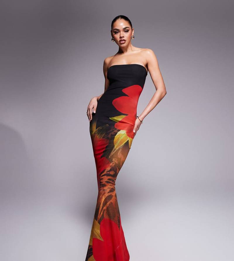 Murci - Exklusives Bandeau-Maxikleid in Schwarz mit rotem Blumenprint und Schwalbenschwanz-Design-Bunt von Murci