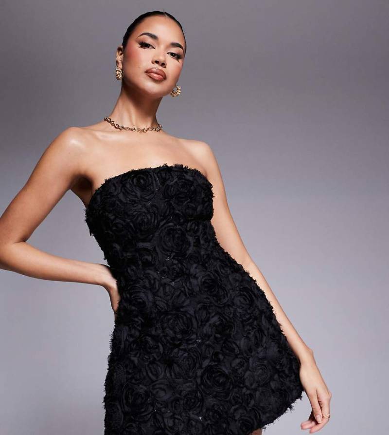 Murci - Exklusives Bandeau-Minikleid in Schwarz mit floraler 3D-Struktur von Murci