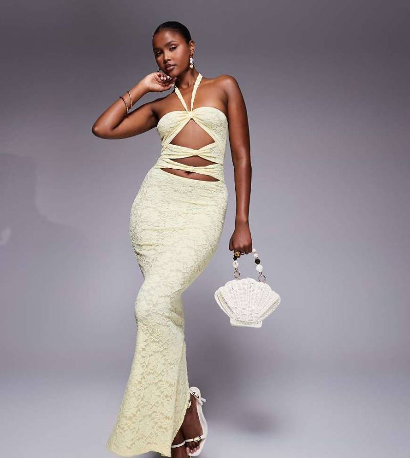 Murci - Exklusives Maxikleid aus Spitze in Gelb mit Neckholder und Zierausschnitten von Murci