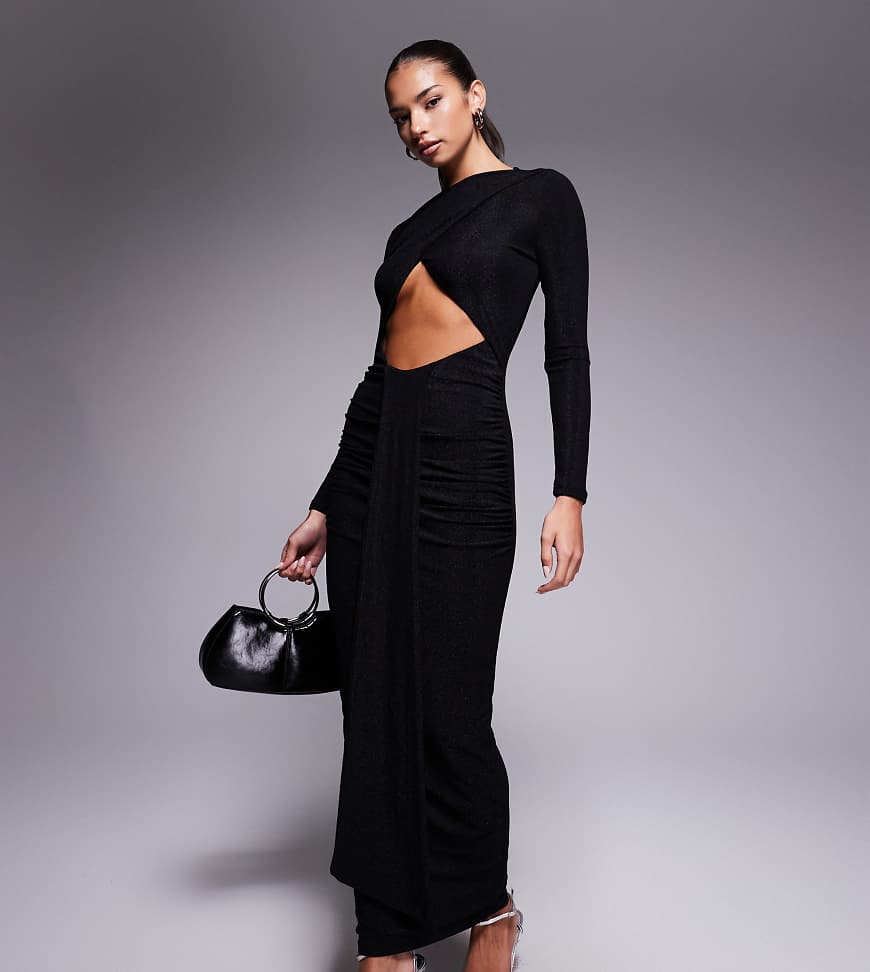 Murci - Exklusives Maxikleid in Glitzer-Schwarz mit U-Boot-Ausschnitt, überkreuzter Vorderseite, Cut-Out und Drapierung von Murci