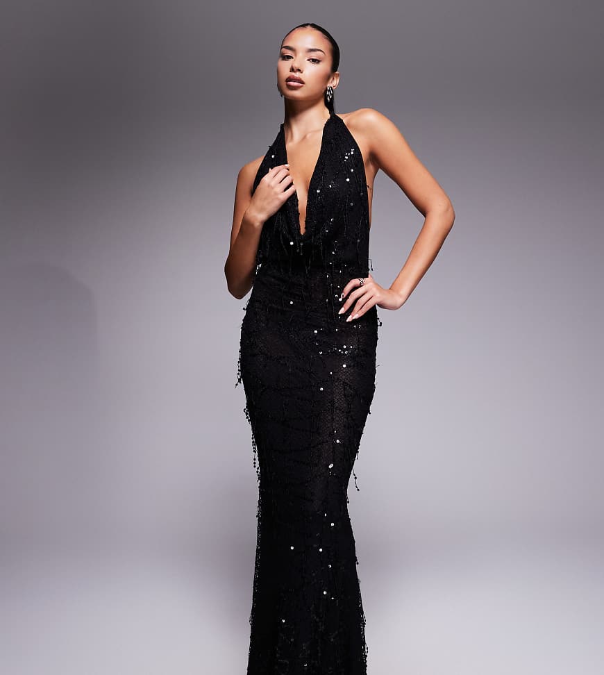 Murci - Exklusives Neckholder-Maxikleid in Schwarz mit Paillettenbesatz, tiefem Wasserfallausschnitt, Rückenausschnitt und Schwalbenschwanz von Murci