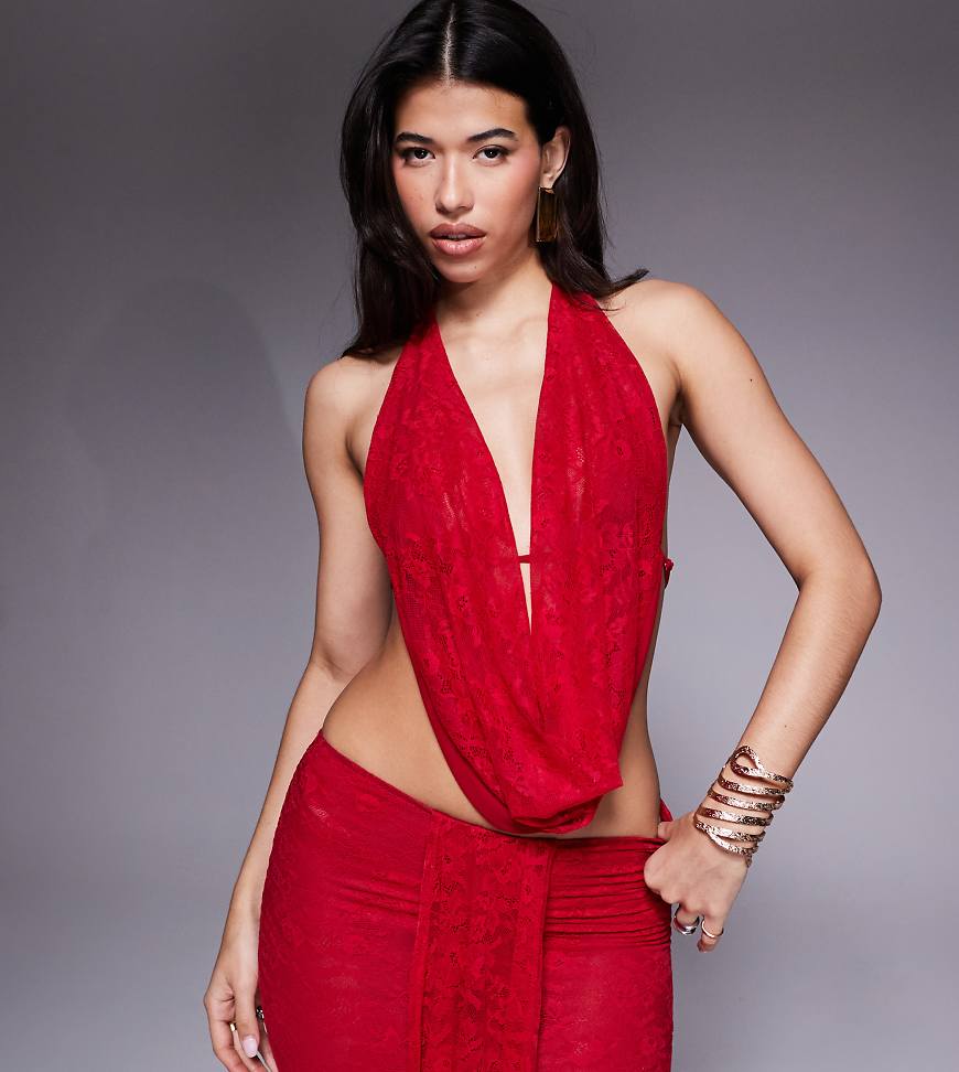 Murci - Exklusives Oberteil aus Netzstoff in Rot mit Wasserfallausschnitt und Rückenausschnitt, Kombiteil von Murci