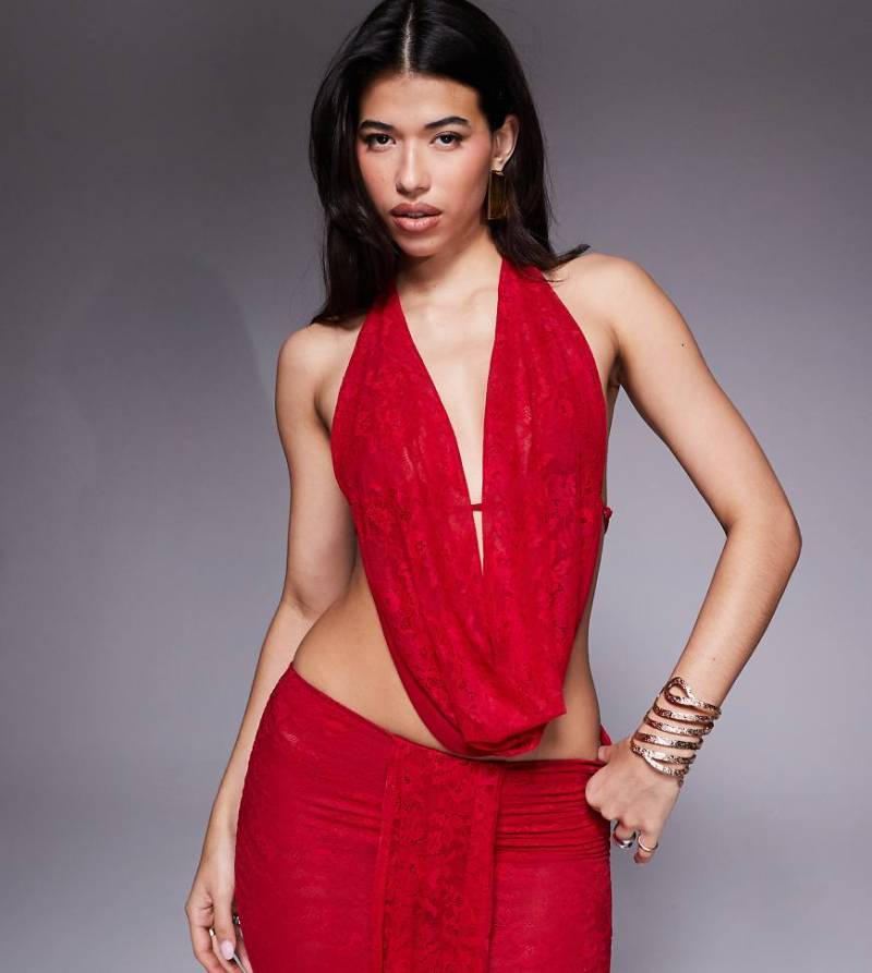 Murci - Exklusives Oberteil aus Netzstoff in Rot mit Wasserfallausschnitt und Rückenausschnitt, Kombiteil von Murci