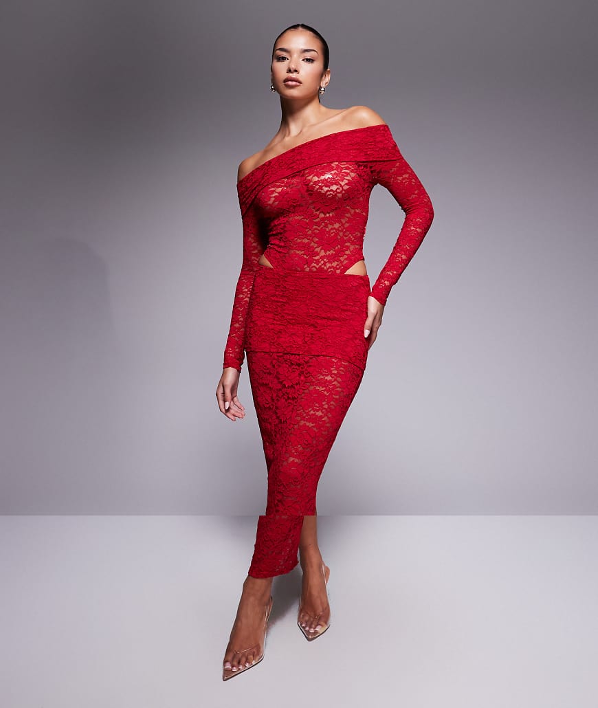 Murci - Exklusives Set aus Spitze in Rot, bestehend aus Body mit Carmen-Ausschnitt und Maxirock mit umgeschlagenem Bund von Murci