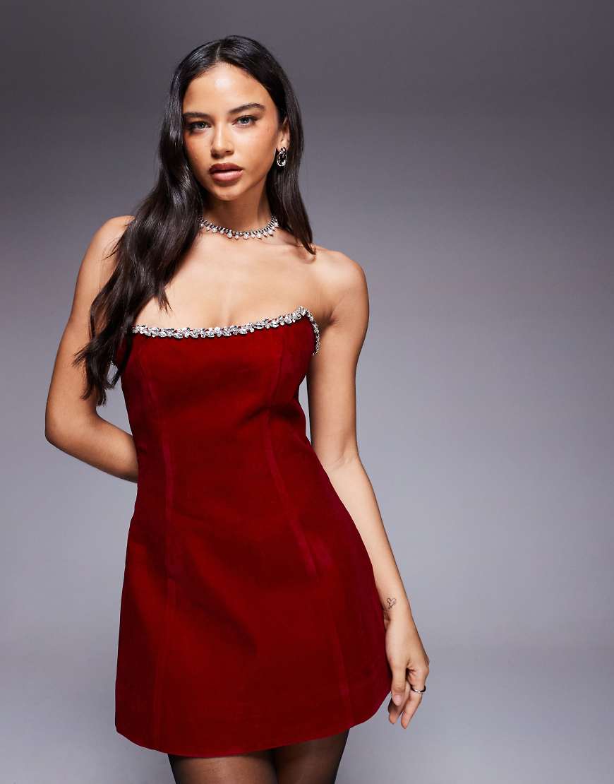 Murci - Strukturiertes, trägerloses Samt-Minikleid in Rot mit Strassbesatz und Rückenschnürung von Murci