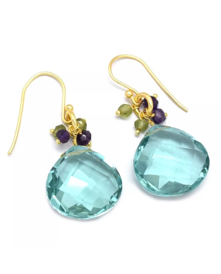 Topas Swarovski Tropfen Ohrringe An Gold, Mit Peridot & Amethyst von MurniCo