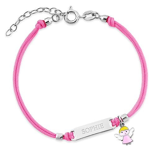 Maverton Kinder ID Armband 925 Silber mit Gravur + personalisierte Geschenkbox - Baby Armkette mit Anhänger - Namensarmband für Mädchen zur Geburt zur Taufe - Länge: 13-16 cm - Rosa - Engel von Maverton