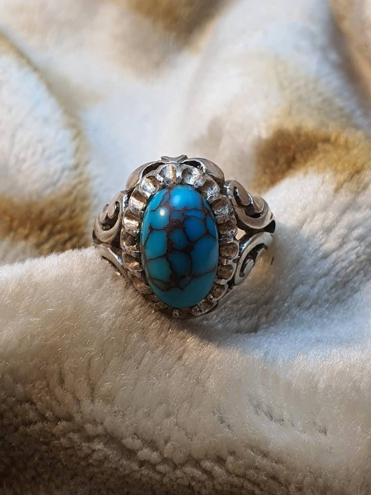 Feroza Ring Echtes Türkis Unbewärmt Original Dunkle Farbe Spinnennetz Geschenk Für Ihn von Murtazagems