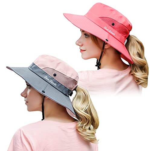 FQQF Muryobao Womens Outdoor Sun Hat Ponytail UV Protection Wide Brim Mesh Foldable Safari Beach Fishing Bucket Cap 2 Pack Pink & Pure Watermelon Red FQQF Muryobao Womens Outdoor Sun Hat Ponytail UV Protection Wide Brim Mesh Foldable Safari Beach Fishing Bucket Cap 2 Pack Pink & Pure Watermelon Red von Muryobao