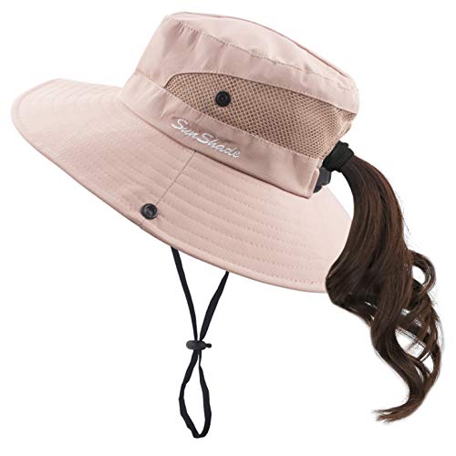 Muryobao Damen Pferdeschwanz Sonnenhut UV-Schutz Faltbar Mesh Breite Krempe Strand Fischerhut, Pure Pink, Einheitsgröße von Muryobao