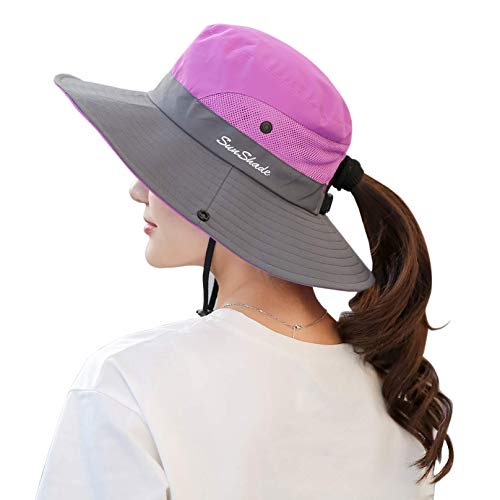 Muryobao Damen Sommer Mesh Breite Krempe Sonnenschutz UV Schutz Hut mit Pferdeschwanz Loch - Violett - Einheitsgröße von Muryobao