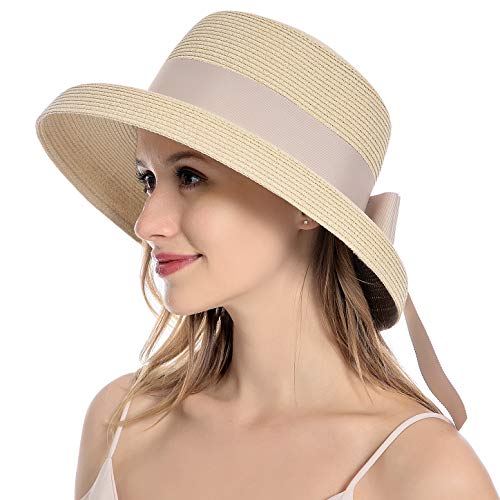 Muryobao Damen Sonnenhut Strohhut Sommer UV-Schutz Reise Faltbare Krempe Eimer Hut Vintage Cloche Strand Angeln Kappe, Beige, Einheitsgröße von Muryobao