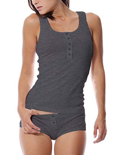 Damen Basic Ärmellos Tanktops Schlafanzüge Henley Pyjama Set zum Loungewear Zuhause Yoga Baumwolle Dunkelgrau XL von Muscle Alive