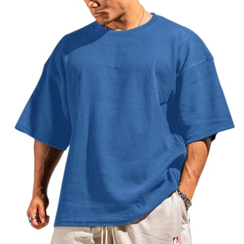 Herren Basic Kurzarm Waffel Sweatshirt Lockere Trainieren Zur Seite Fahren Rundhalsausschnitt Shirt Blau M von Muscle Alive