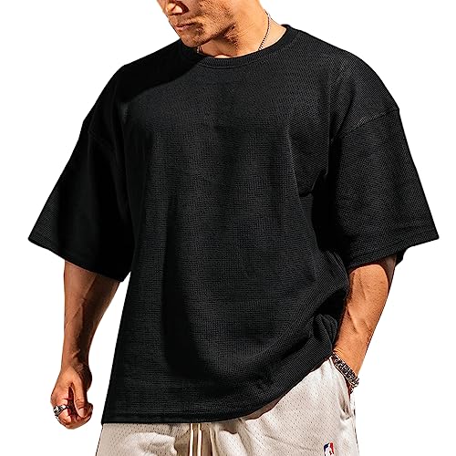 Herren Basic Kurzarm Waffel Sweatshirt Lockere Trainieren Zur Seite Fahren Rundhalsausschnitt Shirt Schwarz XL von Muscle Alive