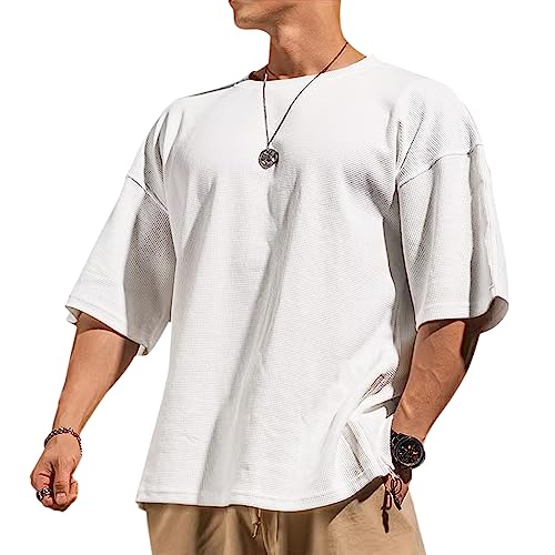 Muscle Alive Herren Basic Kurzarm Waffel Sweatshirt Lockere Trainieren Zur Seite Fahren Rundhalsausschnitt Shirt Weiß M von Muscle Alive