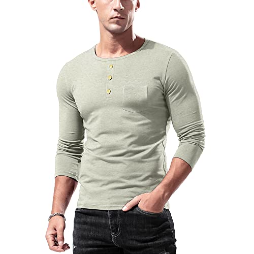 Herren Basic Langarmshirts Henley T-Shirts Lässig Vordertasche Muskel Unterhemden Oberteile Grau L von Muscle Alive