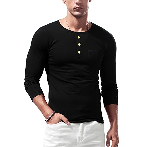 Herren Basic Langarmshirts Henley T-Shirts Lässig Vordertasche Muskel Unterhemden Oberteile Schwarz L von Muscle Alive