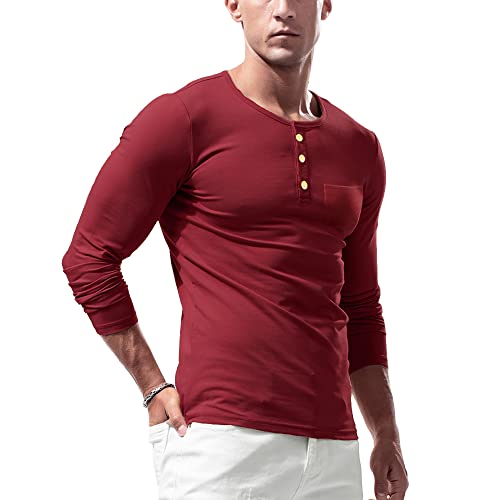 Herren Basic Langarmshirts Henley T-Shirts Lässig Vordertasche Muskel Unterhemden Oberteile Weinrot S von Muscle Alive