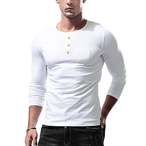 Herren Basic Langarmshirts Henley T-Shirts Lässig Vordertasche Muskel Unterhemden Oberteile Weiss L von Muscle Alive