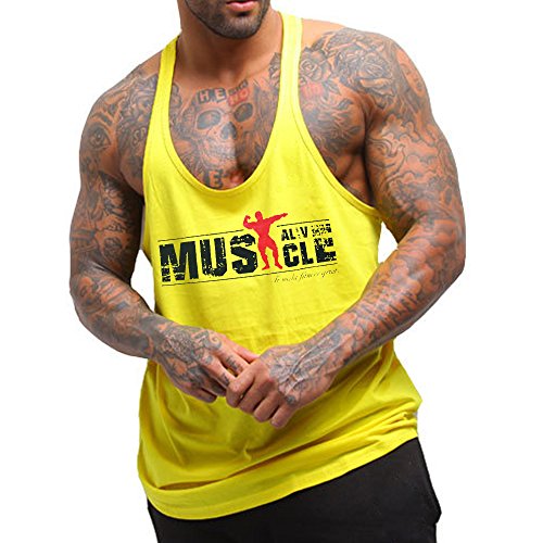 Herren Bodybuilding Tank Tops Hemden Baumwolle Fitness Stringer Sport Shirts Achselshirts gelb M von Muscle Alive