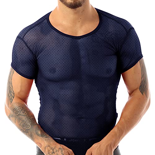 Herren Durchschauen Kurzarm Gittergewebe T-Shirts Fischnetz ausgestattet Sporthemden für Muscle-Tops Navy blau L von Muscle Alive
