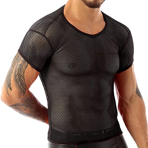 Herren Durchschauen Kurzarm Gittergewebe T-Shirts Fischnetz ausgestattet Sporthemden für Muscle-Tops Schwarz XL von Muscle Alive