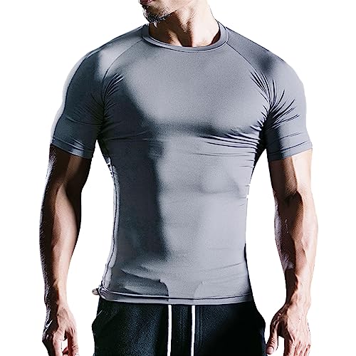 Herren Fest Kompression Grundschicht Kurzarm T-Shirt Bodybuilding Tops Polyester und Spandex Grau 2XL von Muscle Alive