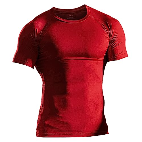 Herren Fest Kompression Grundschicht Kurzarm T-Shirt Bodybuilding Tops Polyester und Spandex Rot 2XL von Muscle Alive