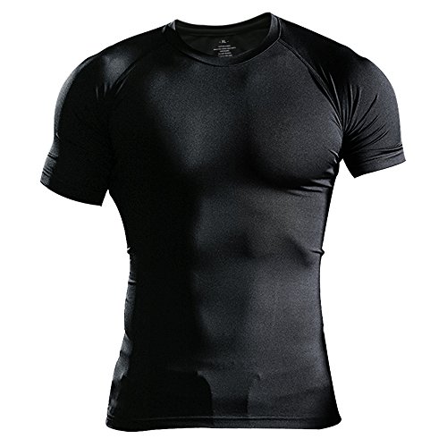 Herren Fest Kompression Grundschicht Kurzarm T-Shirt Bodybuilding Tops Polyester und Spandex Schwarz M von Muscle Alive