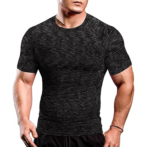 Herren Fest Kompression Grundschicht Kurzarm T-Shirt Bodybuilding Tops Polyester und Spandex Black with Grey 2XL von Muscle Alive