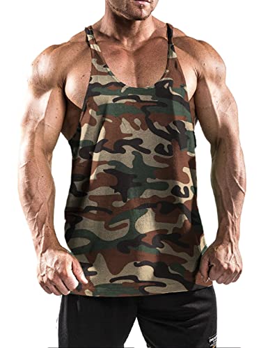 Herren Fitnessstudio Stringer Unterhemd Bodybuilding Trainieren Muskelshirt Baumwolle 1cm Camo M von Muscle Alive