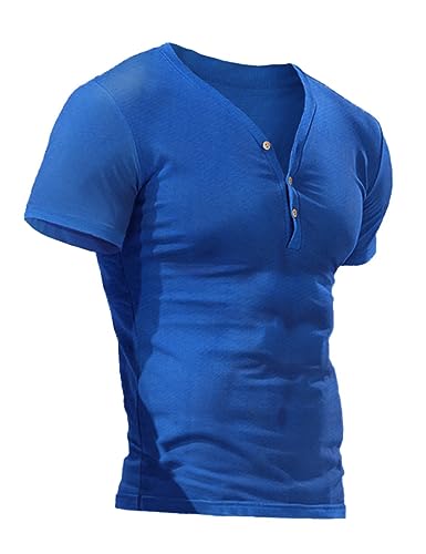 Herren Halbtransparent Tiefer V-Ausschnitt T-Shirts Muskel Fitness Slim-Fit Tief geschnitten Stretch-T-Shirt Blau L von Muscle Alive