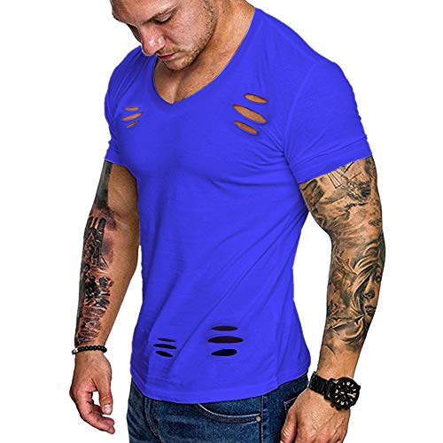 Herren Hemden T-Shirts Kurzarm Muskelschnitt T-Shirts zum Fitnesstraining Bodybuilding Tops 100% Gewaschene Baumwolle Color Blau Size L von Muscle Alive