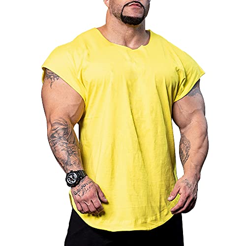 Herren Hemden T-Shirts Kurzarm Muskelschnitt T-Shirts zum Fitnesstraining Bodybuilding Tops 100% Gewaschene Baumwolle T1304 lockere Passform Gelb M von Muscle Alive