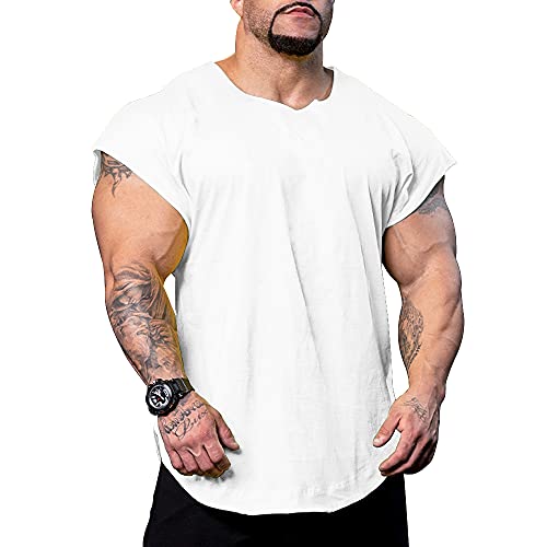 Herren Hemden T-Shirts Kurzarm Muskelschnitt T-Shirts zum Fitnesstraining Bodybuilding Tops 100% Gewaschene Baumwolle T1304 lockere Passform Weiß M von Muscle Alive