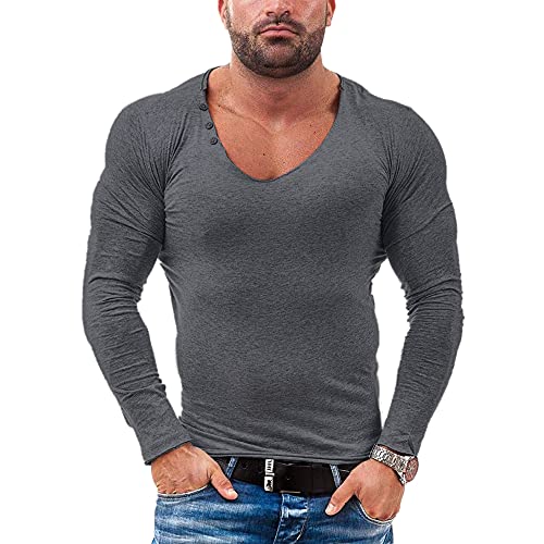 Herren Henley Beiläufig Kurzarm T-Shirt Single Taste Knopfleiste Einfacher Hemden Baumwolle T1302 Dunkelgrau M von Muscle Alive
