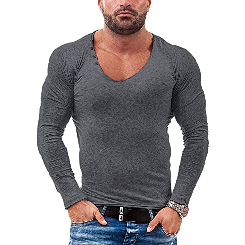 Herren Henley Beiläufig Kurzarm T-Shirt Single Taste Knopfleiste Einfacher Hemden Baumwolle T1302 Dunkelgrau XL von Muscle Alive