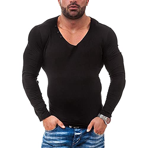 Herren Henley Beiläufig Kurzarm T-Shirt Single Taste Knopfleiste Einfacher Hemden Baumwolle T1302 Schwarz XL von Muscle Alive