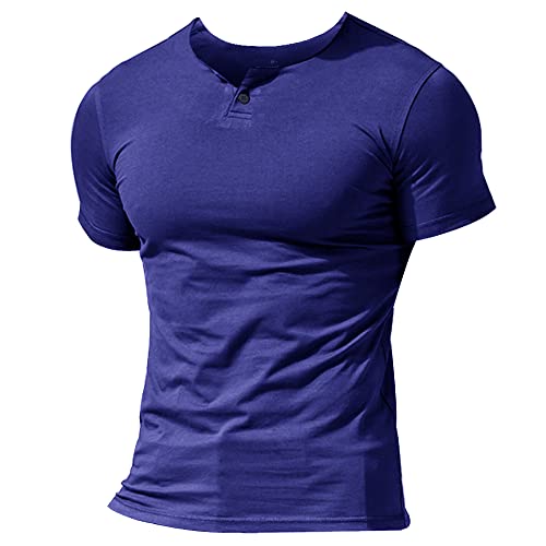 Herren Henley Beiläufig Kurzarm T-Shirt Single Taste Knopfleiste Einfacher V-Ausschnitt Hemden Baumwolle Color Dunkelblau Size XX-Large von Muscle Alive