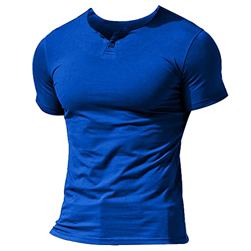 Herren Henley Beiläufig Kurzarm T-Shirt Single Taste Knopfleiste Einfacher V-Ausschnitt Hemden Baumwolle Color Blau Size X-Large von Muscle Alive