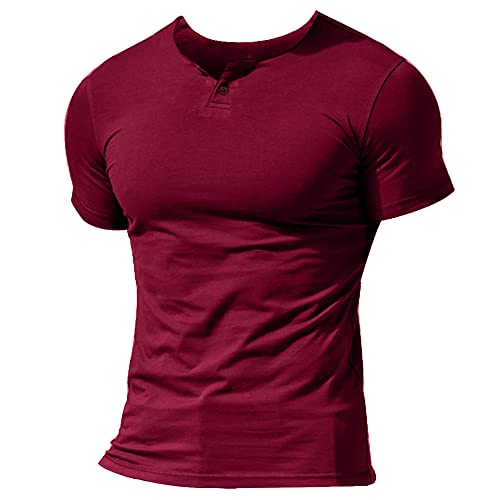 Herren Henley Beiläufig Kurzarm T-Shirt Single Taste Knopfleiste Einfacher V-Ausschnitt Hemden Baumwolle Color rot Size X-Large von Muscle Alive