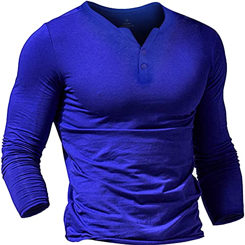 Herren Henley Beiläufig Kurzarm T-Shirt Single Taste Knopfleiste Einfacher V-Ausschnitt Hemden Baumwolle Color Blau Size Large von Muscle Alive