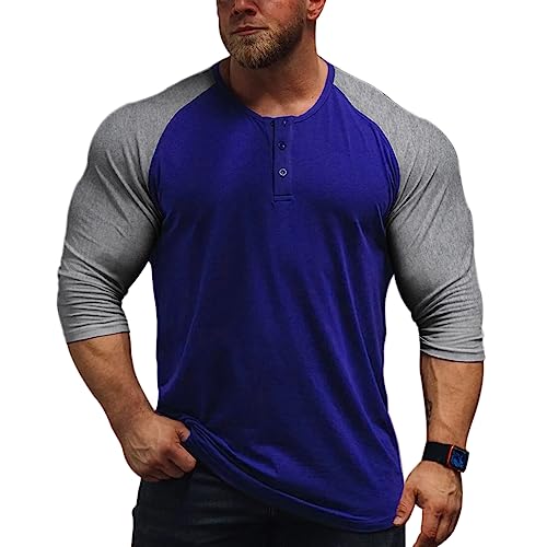 Herren Konisch Henley 3/4 Ärmel T-Shirts Lässig Raglan T-Stück Slim-Fit Muskeloberteile Blau/Hellgrau L von Muscle Alive