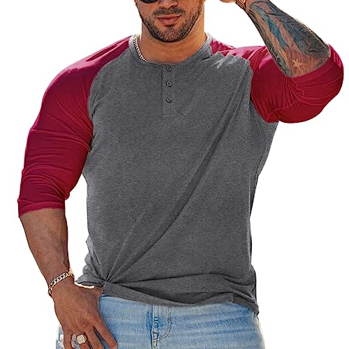 Herren Konisch Henley 3/4 Ärmel T-Shirts Lässig Raglan T-Stück Slim-Fit Muskeloberteile Dunkelgrau/Rot L von Muscle Alive