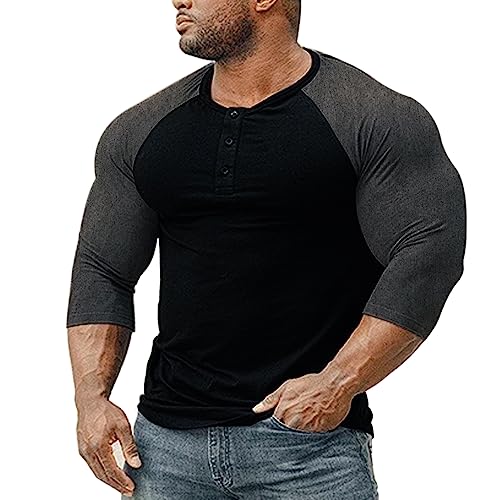 Herren Konisch Henley 3/4 Ärmel T-Shirts Lässig Raglan T-Stück Slim-Fit Muskeloberteile Schwarz/Dunkelgrau L von Muscle Alive