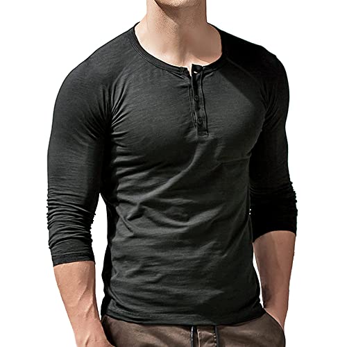 Herren Slub Henley Laufen T-Shirt Kurz Ärmel Leicht Entspannt Passen Beiläufig mit 3 Knöpfen Knopfleiste Rundhals Hemden 9308 Dunkelgrau M von Muscle Alive