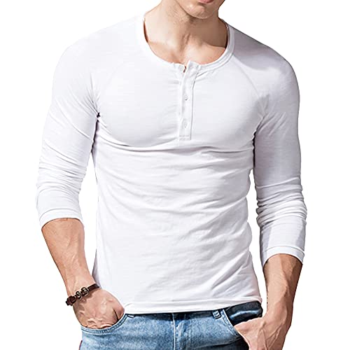 Herren Slub Henley Laufen T-Shirt Kurz Ärmel Leicht Entspannt Passen Beiläufig mit 3 Knöpfen Knopfleiste Rundhals Hemden 9308 Weiß L von Muscle Alive