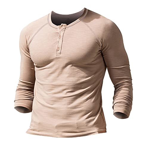 Herren Slub Henley Laufen T-Shirt Kurz Ärmel Leicht Entspannt Passen Beiläufig mit 3 Knöpfen Knopfleiste Rundhals Hemden 9308 Aprikose XXL von Muscle Alive